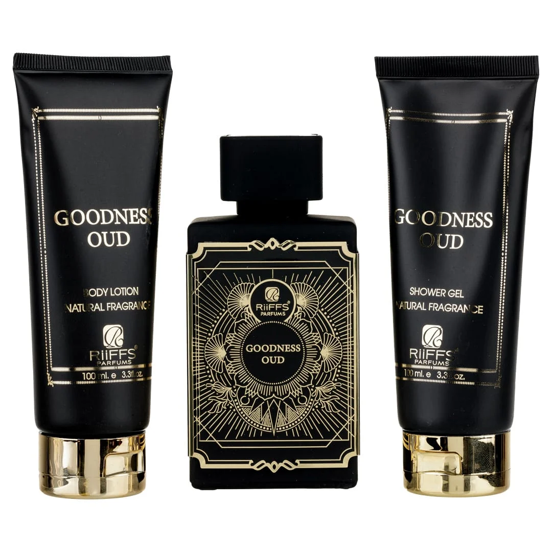 set cadou goodness oud apa de parfum 100ml + gel de dus 100ml + lotiune de corp 100ml, riiffs 1 Set Cadou Goodness Oud Apa de Parfum 100ml + Gel De Dus 100ml + Lotiune de corp 100ml, Riiffs